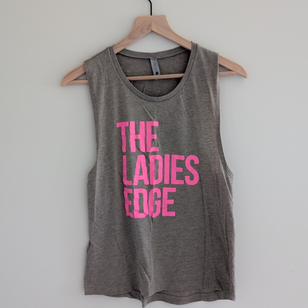 Next Level Apparel Gray Muscle Tee with Pink Text